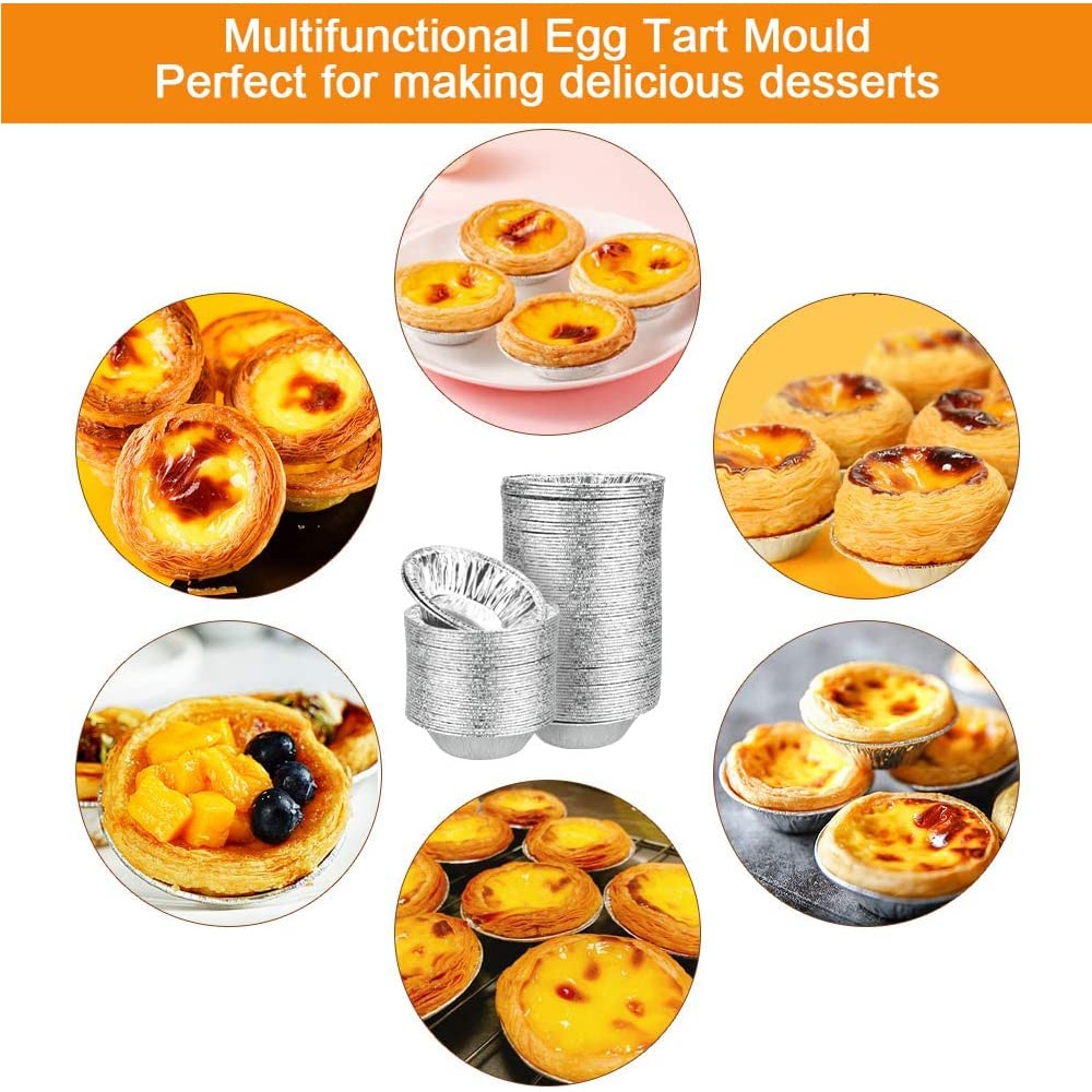 SECALIFE 100 PCS Foil Trays Muffin Cases Disposable Aluminum Foil Cups Round Mini Egg Tart Cases Mold for Cake Tarts Cupcakes, Foil Pudding Dishes Basins Pancake Bun Cases Tin Pie Trays for Baking