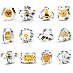 bee cookie cutters set small mini - 3 inch - 12 pieces stainless steel biscuit mold cutter with bee, hexagon honeycomb, beehive, flower, honey jar, plaque frame, cartoon bear head shapes cookie cutter