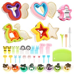 mohope cookie cutters set for kids lunch -37pcs, sandwich cutter and sealer with star, heart, dinosaur shapes, cartoon animal food picks for kids, vegetable fruit cutters