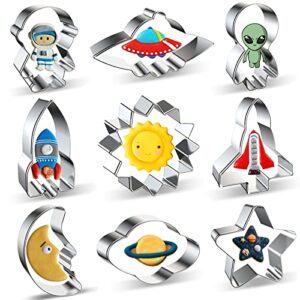 outer space cookie cutters shapes 9-piece astronaut, spaceship, alien, space rocket, sun, space shuttle, moon, planet, star space theme cookie cutter set for kids children boy girl birthday party