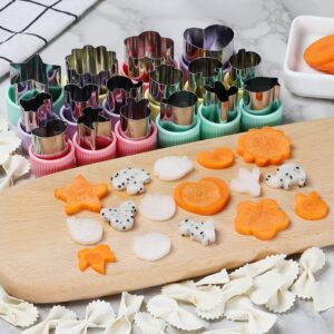 Vegetable Cutters Shapes Set, 16pcs Mini Cookie Cutters, Vegetable Cutter and Fruit Stamps Mold + 20pcs Cute Cartoon Animals Food Picks and Forks -for Kids Baking and Food Supplement Accessories