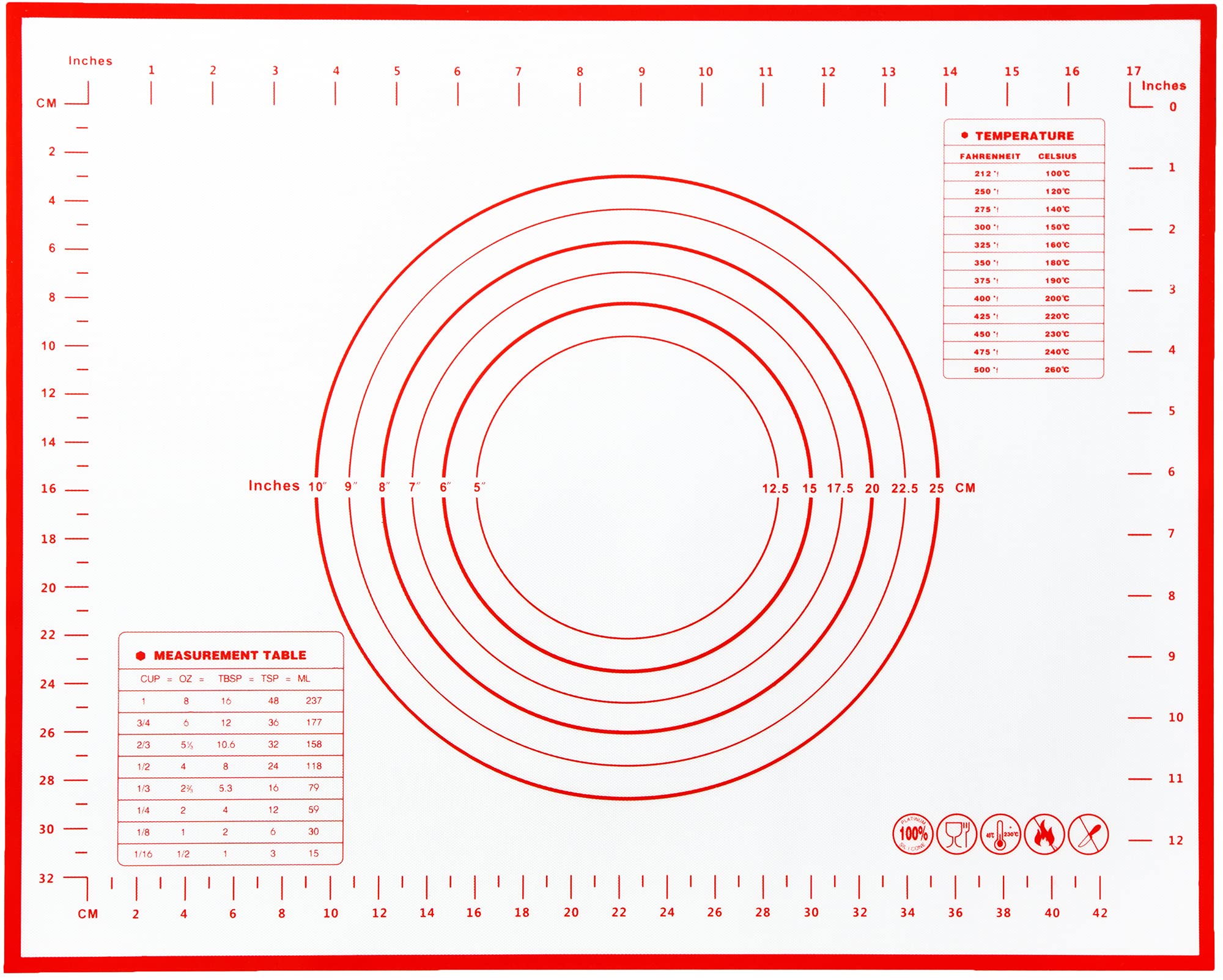 Non Slip Silicone Pastry Mat with Measurements Nonstick, 16 x 20 Inch Thick Baking Mat for Rolling out Dough Red Food Grade Silicone Baking Mats for Cookie, Cake, Pizza