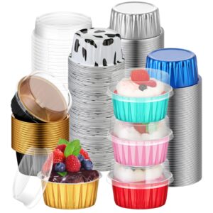120 pcs aluminum foil baking cups mini cake pans with lids 5 oz cupcake liners disposable muffin tins cupcake wrappers baking foil ramekins pans aluminum cupcake cups for birthday party (multicolor)