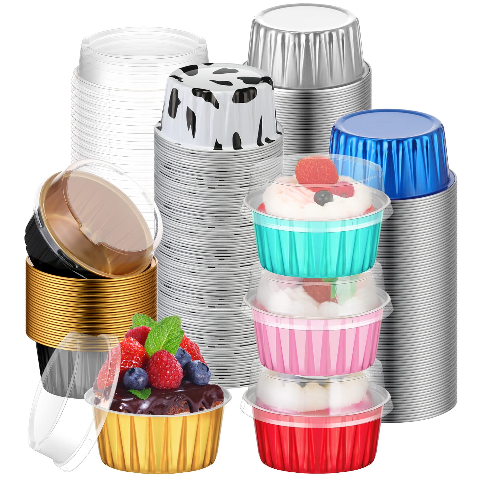 120 Pcs Aluminum Foil Baking Cups Mini Cake Pans with Lids 5 oz Cupcake Liners Disposable Muffin Tins Cupcake Wrappers Baking Foil Ramekins Pans Aluminum Cupcake Cups for Birthday Party (Multicolor)