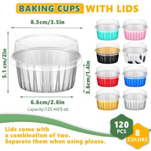 120 Pcs Aluminum Foil Baking Cups Mini Cake Pans with Lids 5 oz Cupcake Liners Disposable Muffin Tins Cupcake Wrappers Baking Foil Ramekins Pans Aluminum Cupcake Cups for Birthday Party (Multicolor)