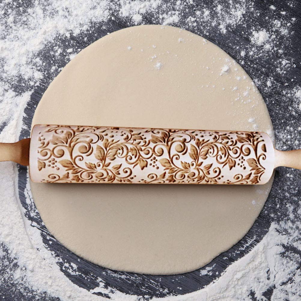 Embossing Rolling Pin, Flower Pattern Wooden Laser Engraved Embossed Printing Rolling Pin DIY Tool for Homemade or Christmas Cookies