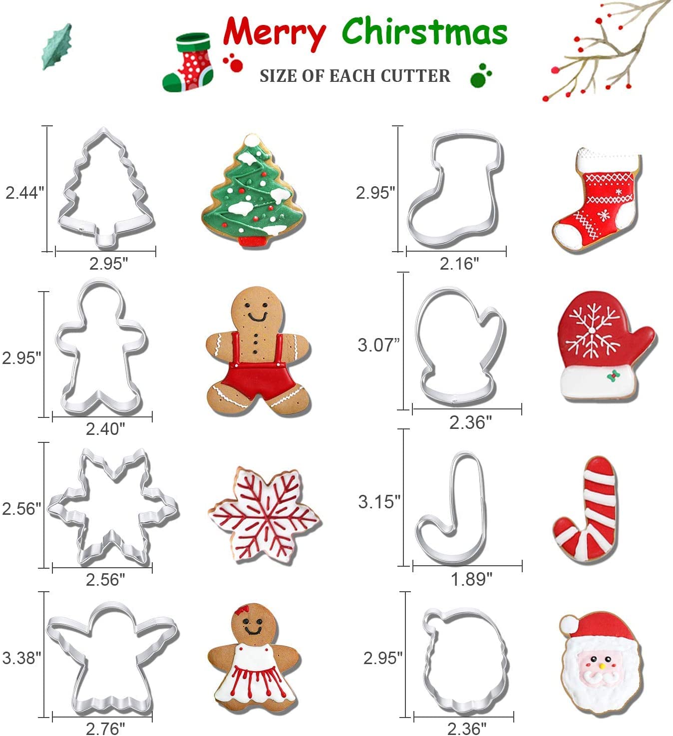 Christmas Cookie Cutters, 8Pcs Winter Holiday Cookie Cutter Set, Stainless Steel Metal Cutter with Gingerbread Men,Christmas Tree,Snowflake, Candy Cane, Angel, Santa Face,Stocking,Mitten