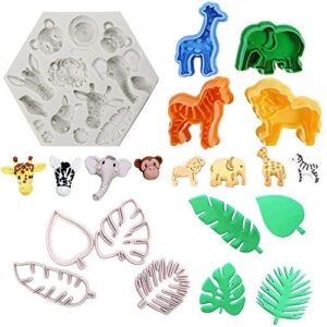 9pcs/set jungle safari animal cake fondant mold with tropical leaf cookie cutter, hawaiian palm leaves sugar craft cutters for jungle animals brithday party baby shower cake cupcake decorations tools