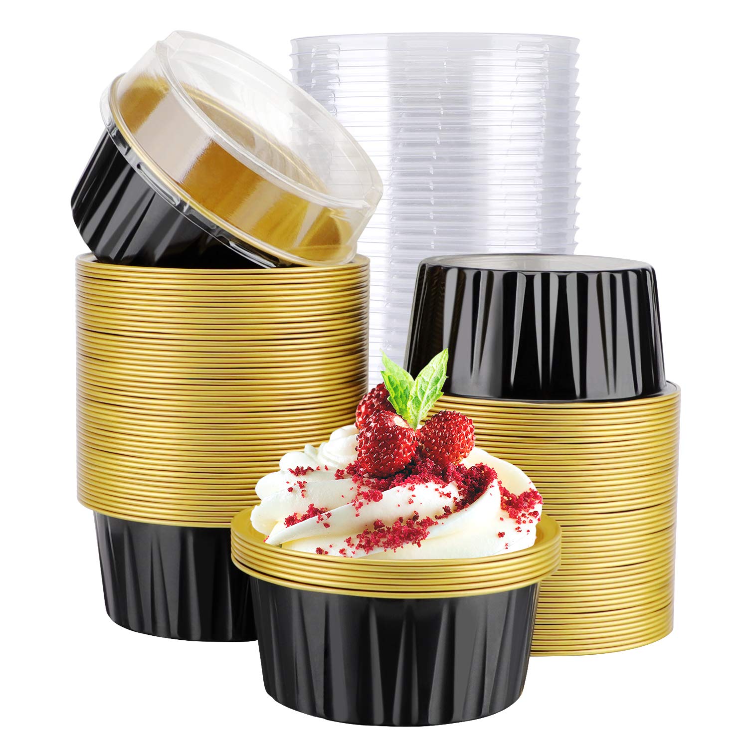 EUSOAR Baking Cups Aluminum Foil, 5oz 100pcs Reusable Cupcake Cups with Lids, 3.34"x2.59"x2.35" Pie Ramekins, Desserts Flans, Custard Cake Pudding Jello Cups, Catering Party Favor-Black Gold