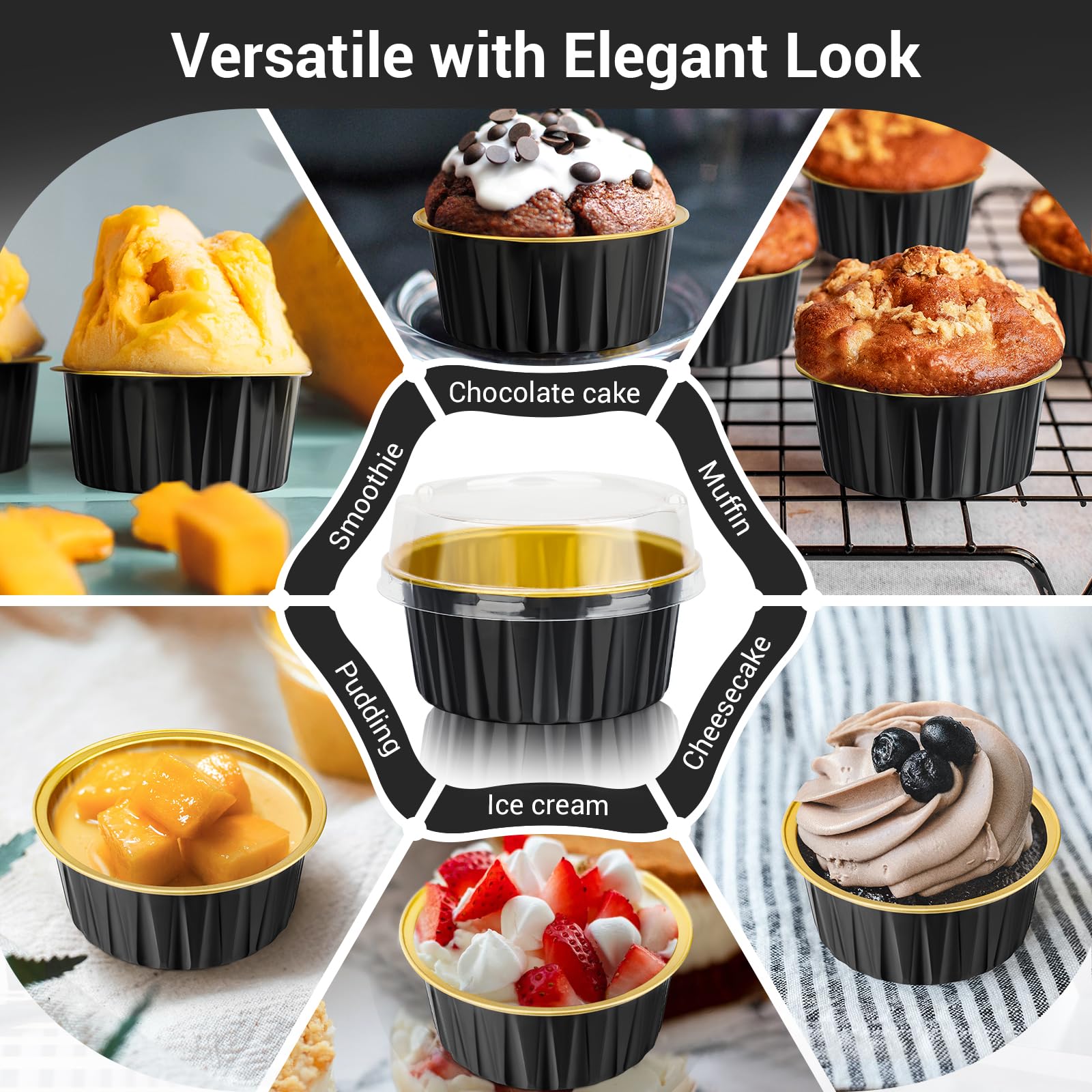 EUSOAR Baking Cups Aluminum Foil, 5oz 100pcs Reusable Cupcake Cups with Lids, 3.34"x2.59"x2.35" Pie Ramekins, Desserts Flans, Custard Cake Pudding Jello Cups, Catering Party Favor-Black Gold