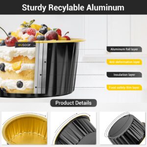 EUSOAR Baking Cups Aluminum Foil, 5oz 100pcs Reusable Cupcake Cups with Lids, 3.34"x2.59"x2.35" Pie Ramekins, Desserts Flans, Custard Cake Pudding Jello Cups, Catering Party Favor-Black Gold