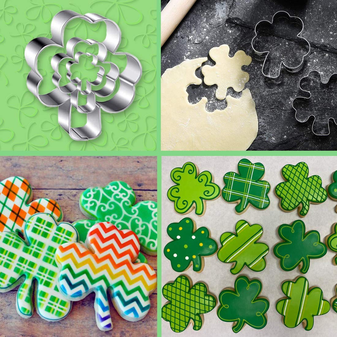 Shamrock Cookie Cutters Set, 6 Pieces St. Patrick's Day Clover,Four Leaf Clover Shaped Cookie Cutters Supplies4'', 3'',1.8' Biscuit Cutters for Saint Patrick's Day Irish Party