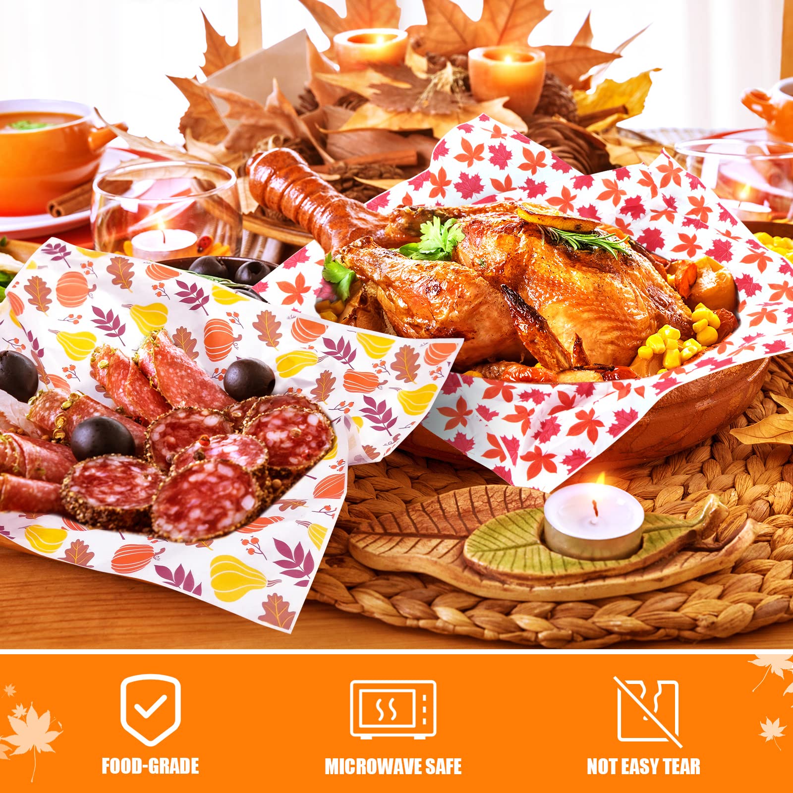 240Pcs Wax Paper Dry Waxed Deli Paper Sheet 12x12 inch Sandwich Wrap Paper Pumpkin Maple Leaf Checkered Decorative Parchment Paper Food Basket Liners for Home Kitchen Picnic Party