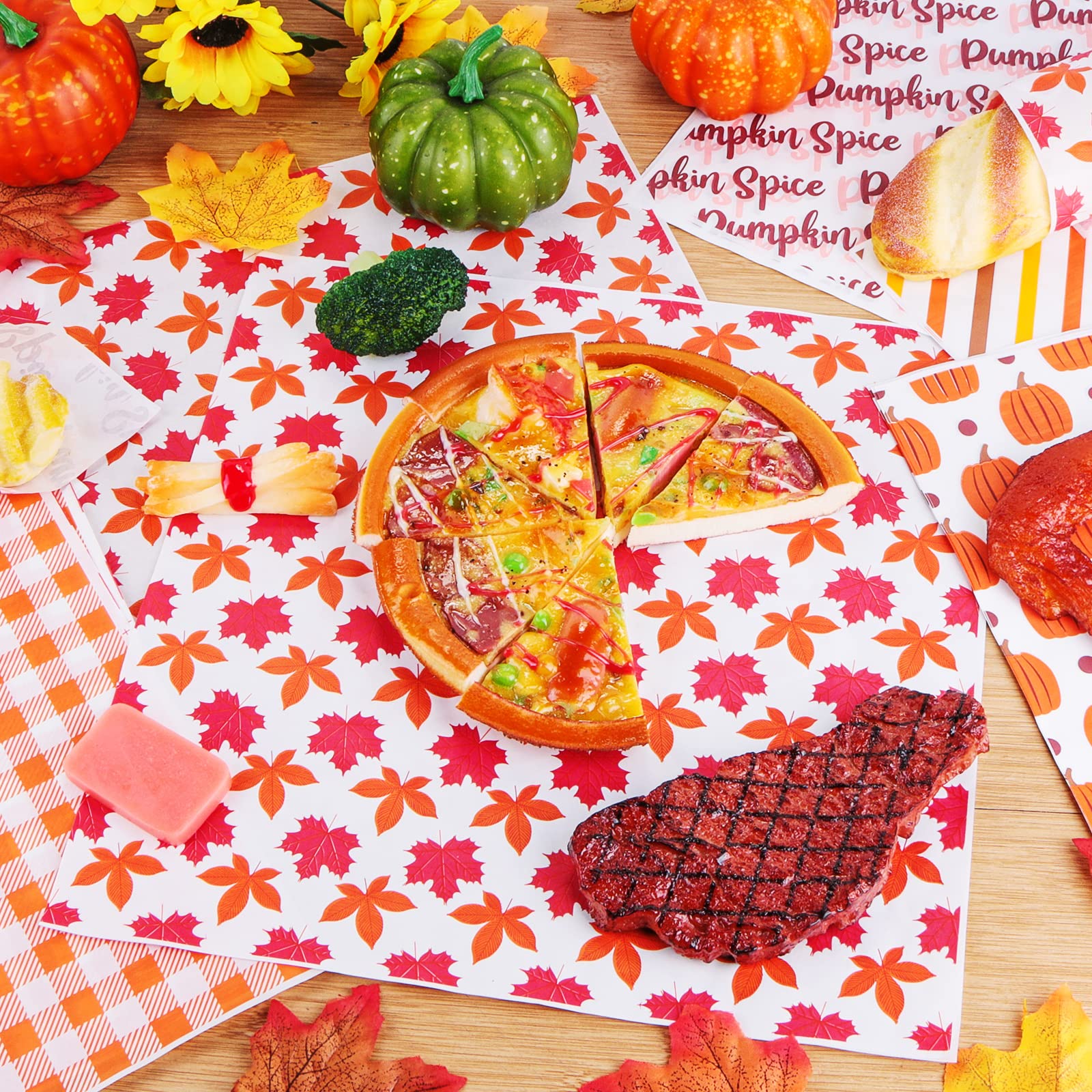 240Pcs Wax Paper Dry Waxed Deli Paper Sheet 12x12 inch Sandwich Wrap Paper Pumpkin Maple Leaf Checkered Decorative Parchment Paper Food Basket Liners for Home Kitchen Picnic Party