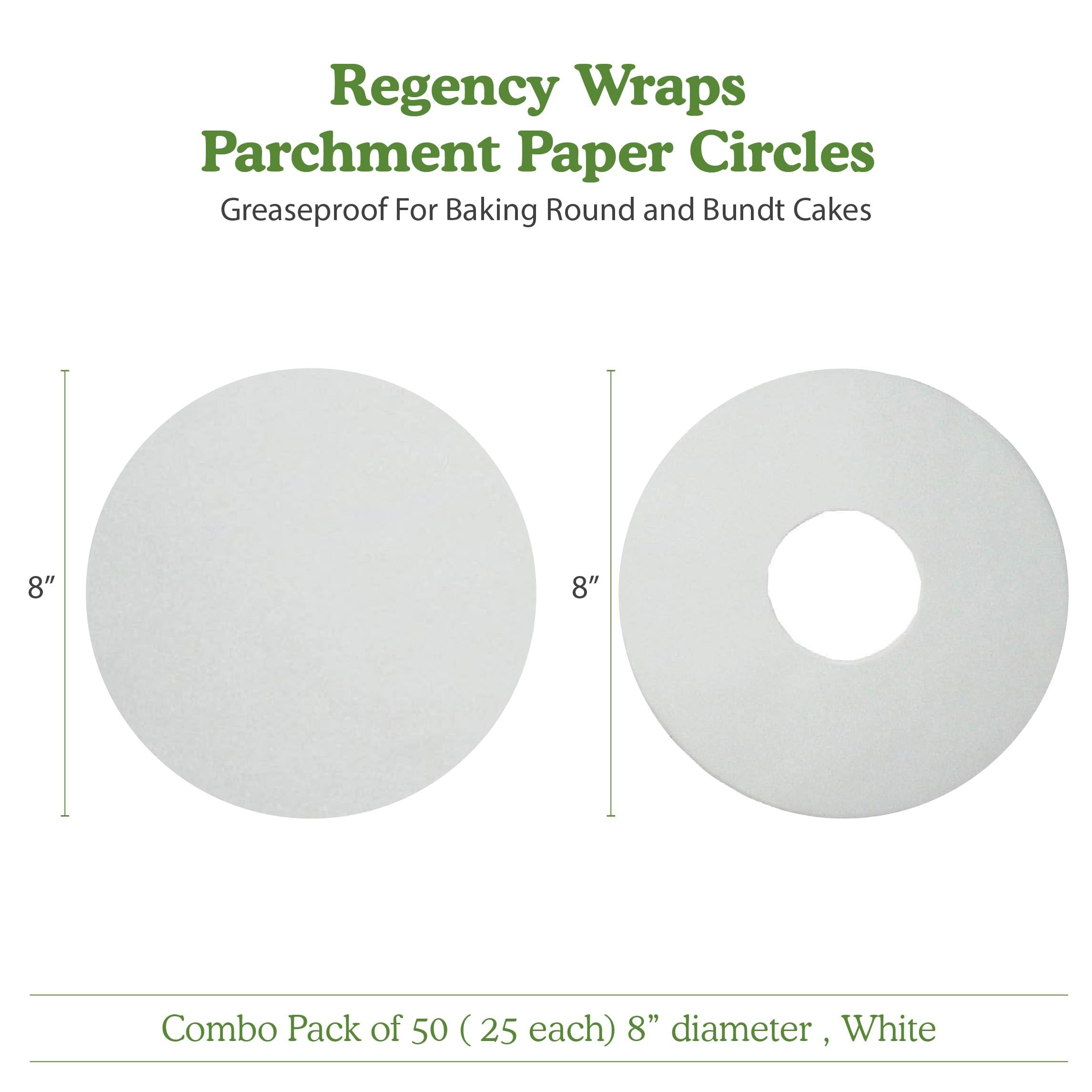 Regency Wraps Parchment Paper Circles For Round Cake Pans and Tube Cake Pans, Greaseproof Liners for Non-Stick Baking, 8" (Pack of 50, 25 Each), White