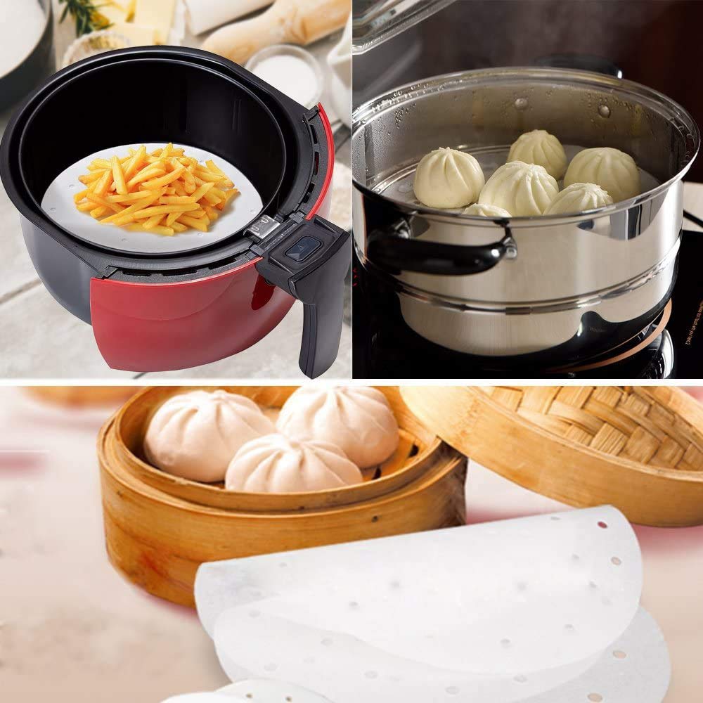 SHUAXI Air Fryer Liners (100+100 Pack) 7 inch and 9 inch Bamboo Steamer Liner,Perforated Parchment Paper Non-stick Basket Mat,Perfect for AirFryers/Steaming/Baking/Cooking.