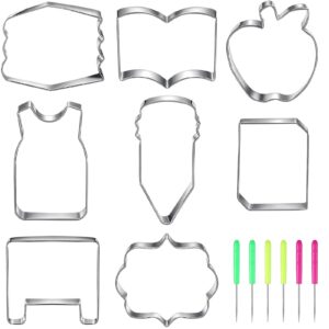 8 piece back to school cookie cutter fondant cutter shapes mini plaque frame stainless steel biscuit cutter and 6 pieces sugar stir needles sugar stirring pins for kitchen baking