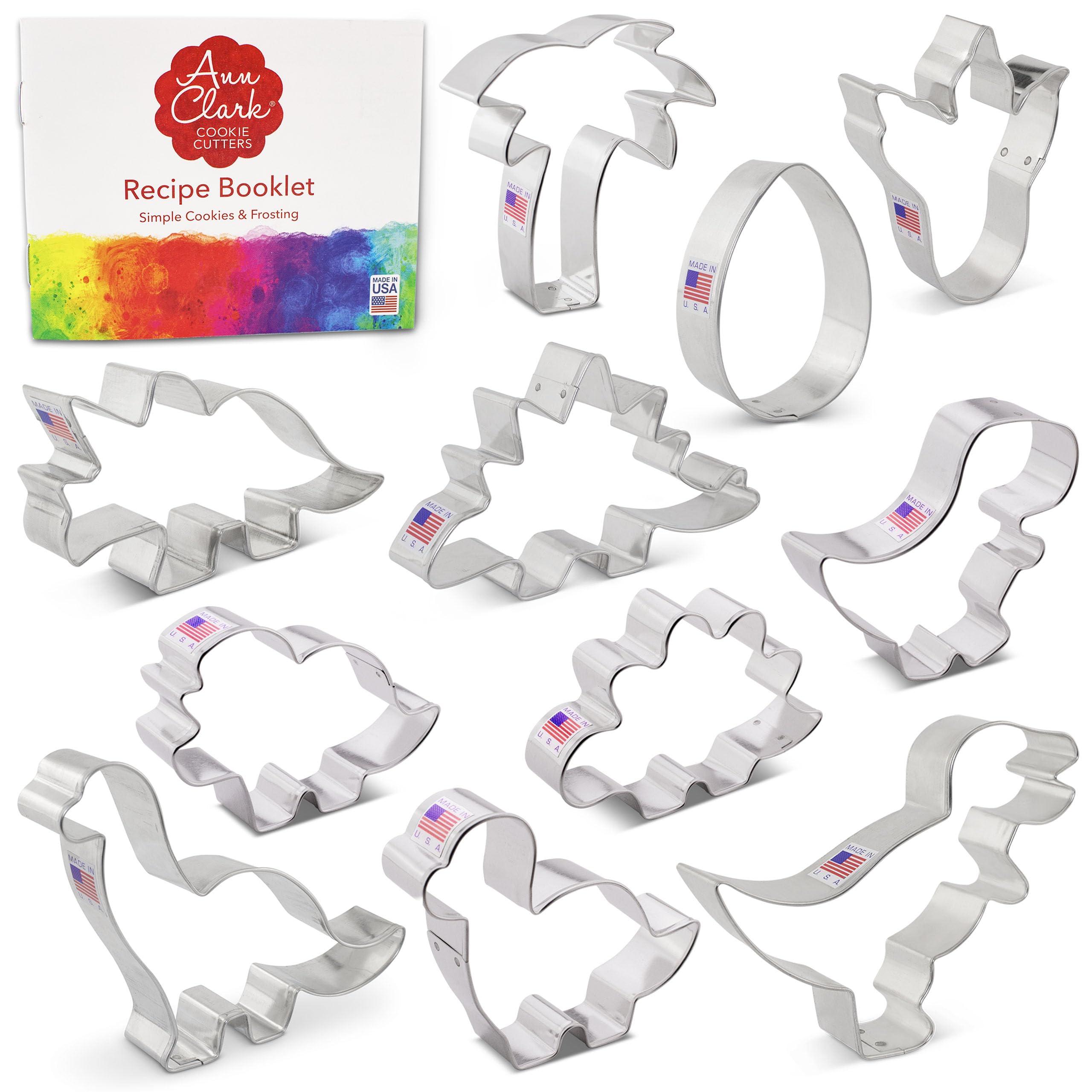 Dinosaur Cookie Cutters 11-Pc. Set Made in USA by Ann Clark, T-Rex, Triceratops, Brontosaurus, Dinosaur Foot, Dino Egg, and more