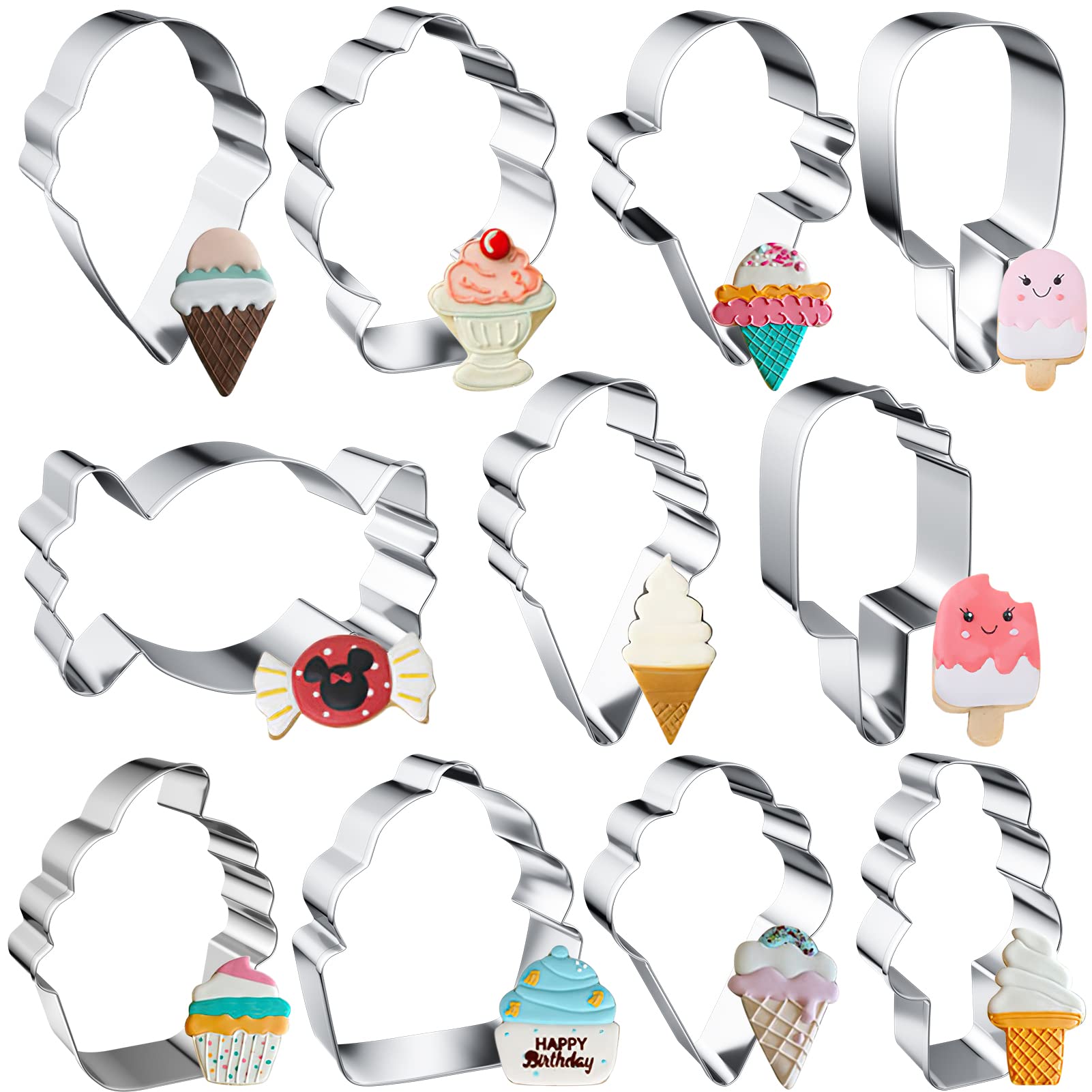 Summer Ice Cream Cookie Cutter Set, 11 Pieces Stainless Steel Sweets Cupcake Biscuit Cookie Cutters Molds for Making Ice Cream Cone, Popsicle, Soft Serve Ice Cream, Love Cake and Candy