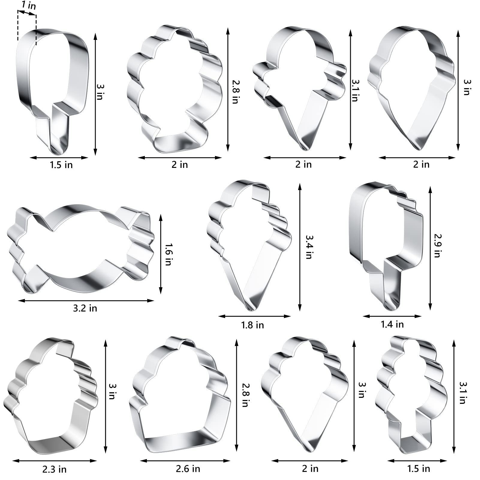 Summer Ice Cream Cookie Cutter Set, 11 Pieces Stainless Steel Sweets Cupcake Biscuit Cookie Cutters Molds for Making Ice Cream Cone, Popsicle, Soft Serve Ice Cream, Love Cake and Candy