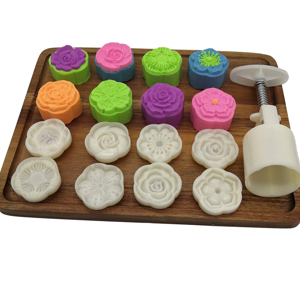 8pcs 50g Cookie Stamps, Floral Cookie Mold DIY Moon Cake Mold Set Hand Press Cookie Dessert Cutter Pastry Decoration Tool Mooncake Maker