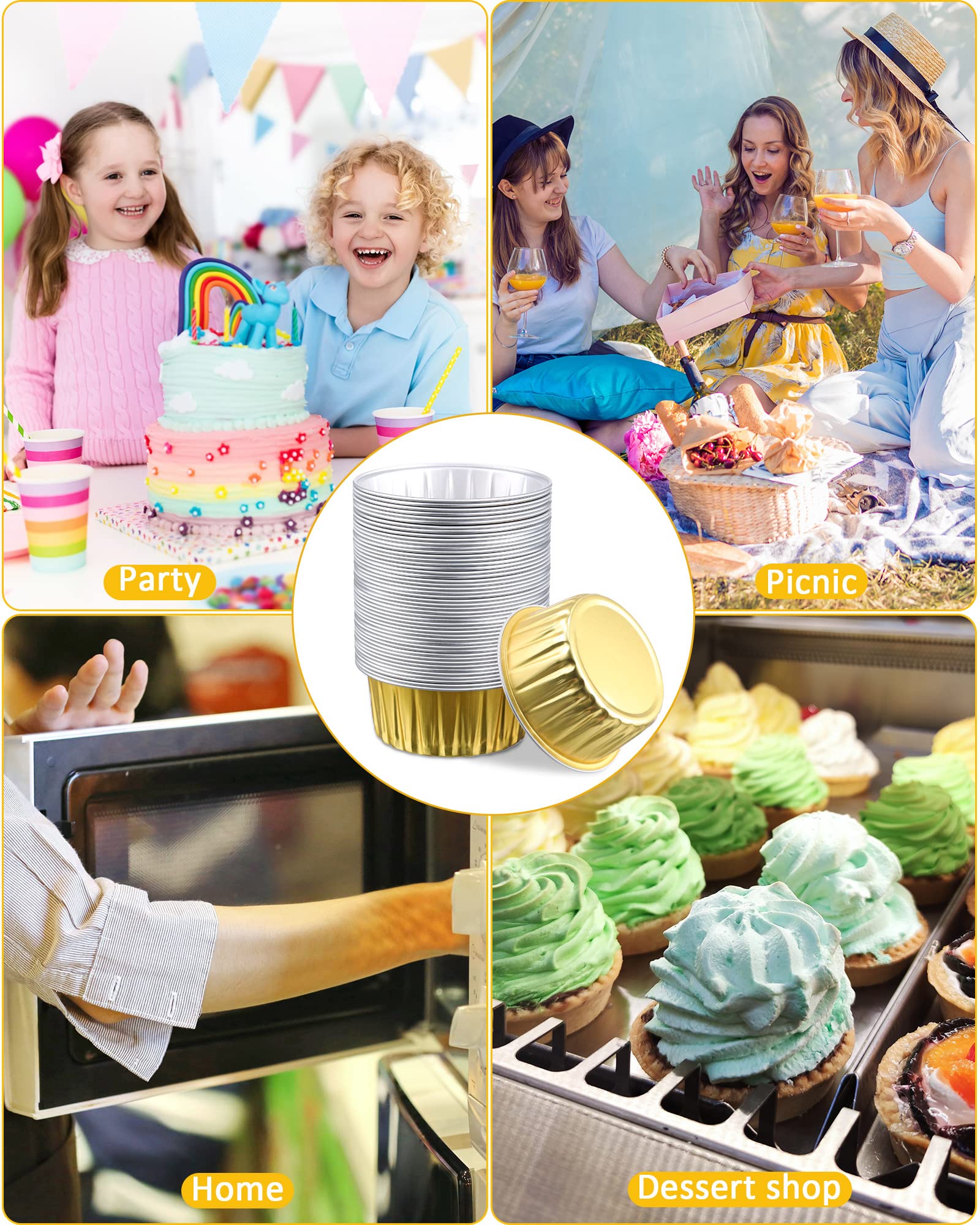 150 Pcs Patelai Aluminum Foil Cups 4.2 oz Mini Baking Cups Gold Cupcake Liners Disposable Ramekins Foil Muffin Pans for Pie Souffle Pudding Holder Wedding Birthday Party (Round)