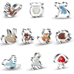 woodland animal cookie cutter set - 10 piece - squirrel, owl, koala, sloth, raccoon, fox, hedgehog, bird, bunny, mushroom animal cookie cutters shapes biscuit fondant molds for kids - stainless steel