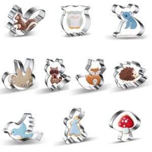 Woodland Animal Cookie Cutter Set - 10 Piece - Squirrel, Owl, Koala, Sloth, Raccoon, Fox, Hedgehog, Bird, Bunny, Mushroom Animal Cookie Cutters Shapes Biscuit Fondant Molds for Kids - Stainless Steel