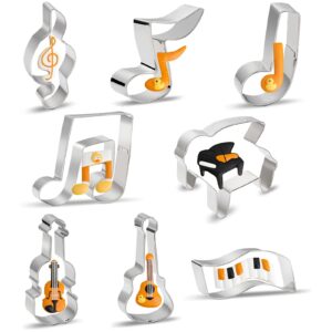 music note cookie cutter shapes set - 8 pieces stainless steel metal g clef, eighth note, a quarter note, piano, violin, guitar, piano keyboard musical instruments biscuit fondant cookie cutters molds