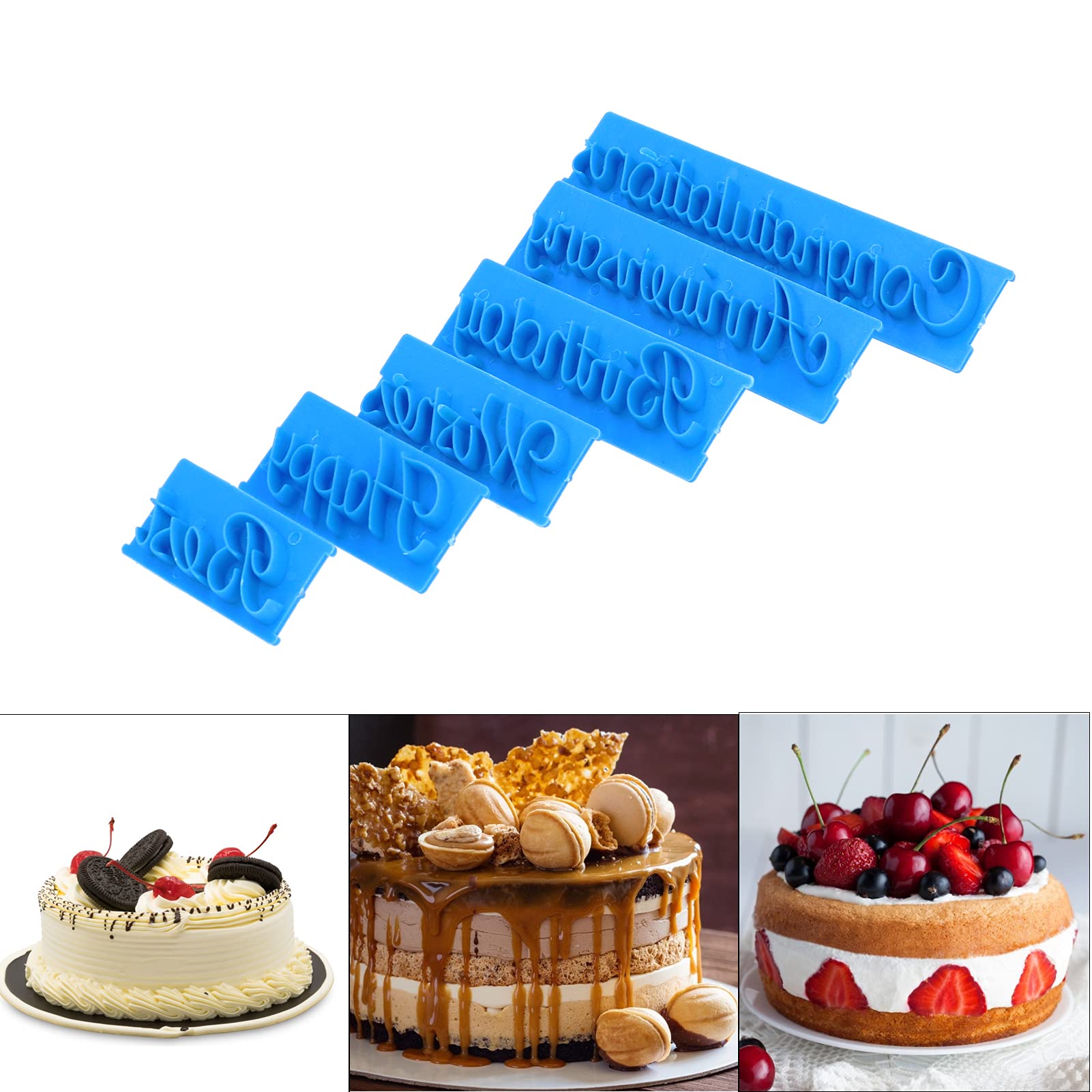 Fdit 6Pcs Words Cake Mould DIY Handwritten Letter Printed Stamp Mould Bakery Supplies Blue Baking Cake Stamp Tools