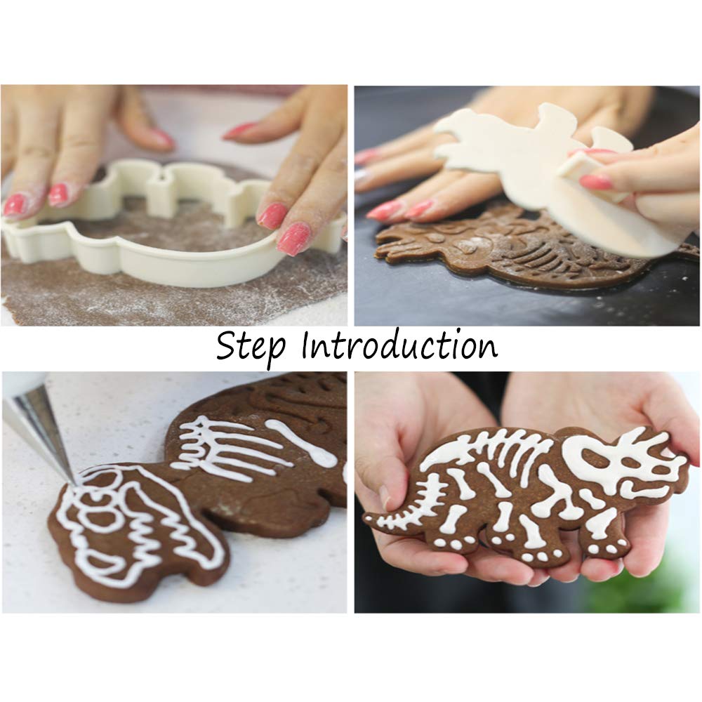 Jurassic Dinosaur Cookie Cutters and Skeleton Stampers T-Rex Stegosaurus Triceratops Fossil Cookie Cutters Set (Pack of 6)