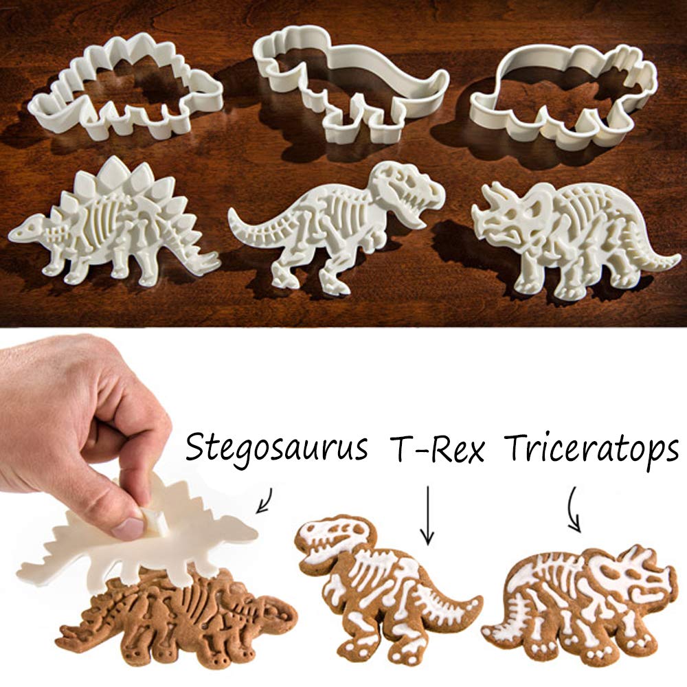 Jurassic Dinosaur Cookie Cutters and Skeleton Stampers T-Rex Stegosaurus Triceratops Fossil Cookie Cutters Set (Pack of 6)