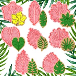 8 pcs tropical leaf cookie cutters with plunger stamps set 3d palm leaves fondant cutters mold hawaiian polymer clay cutters diy decorative baking tools for baking cake sugarcraft candy gum paste