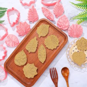 8 Pcs Tropical Leaf Cookie Cutters with Plunger Stamps Set 3D Palm Leaves Fondant Cutters Mold Hawaiian Polymer Clay Cutters DIY Decorative Baking Tools for Baking Cake Sugarcraft Candy Gum Paste