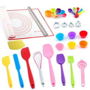 silicone spatulas set, rolling pin, cookie cutters, pastry mat, measuring spoons and cups, dough scraper, cooking baking supplies for teens juniors kids adult beginners(31-pieces)