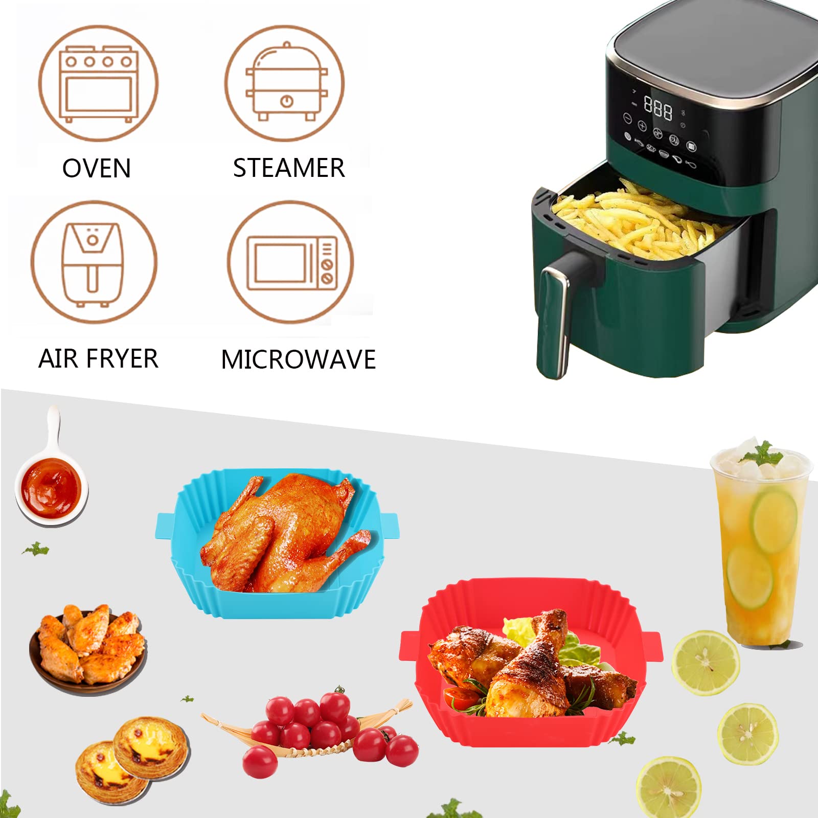 Air Fryer Silicone Liners-Silicone Air Fryer Liners,Airfryer Liners Square Silicone Air Fryer Liners Basket Accessories Air Fryer Liner Silicone Pot Basket Reusable Baking Tray for Air Fryer 2pcs