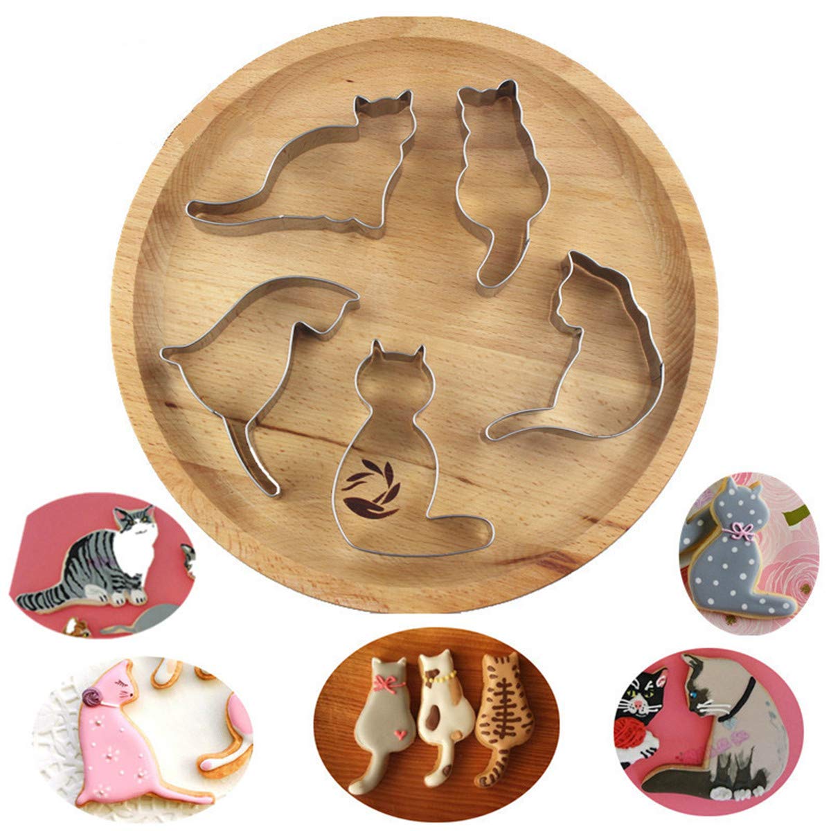 WIN 5pcs Cute Cat Shape Cookie Cutter Stainless Steel Fondant Cutter Cake Decoration Tool Set