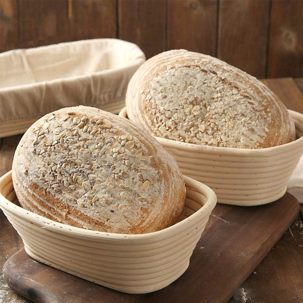 Oval Bread Proofing Basket, 8.3 Inch Fermentation basket Natural Rattan Bowl Sourdough Bread Basket Set Linen Liner Cloth for Professional and Home Bakers, 2 Pcs…