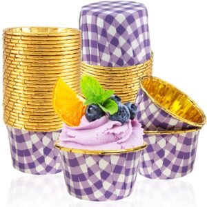 ruiqiger 50 pack gingham foil cupcake baking cups, 3.5 oz checkered gold liners muffin mini cake mold cups wrappers ramekins holders (50, purple checkered)