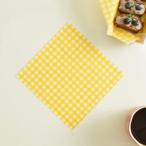 100pcs wax paper sheets for food, basket liners food picnic paper sheets greaseproof deli wrapping sheets, 7 x 7 inch (yellow checke)