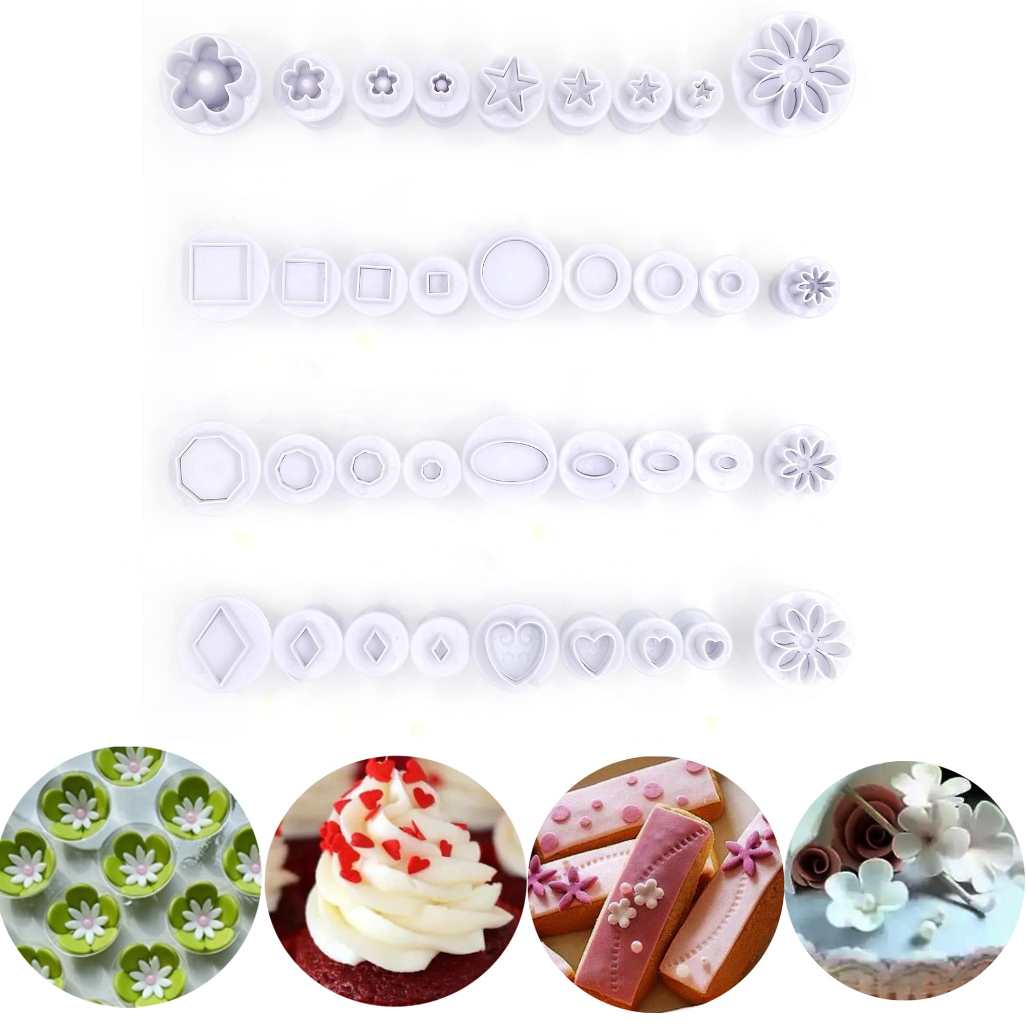 Fondant Cutters，Mini Plunger Cutter Cake Decorating Supplies,36pcs,Heart/Square/Oval/Circular/Polygon/Star/Diamond/Sunflower/Plum Flower,White