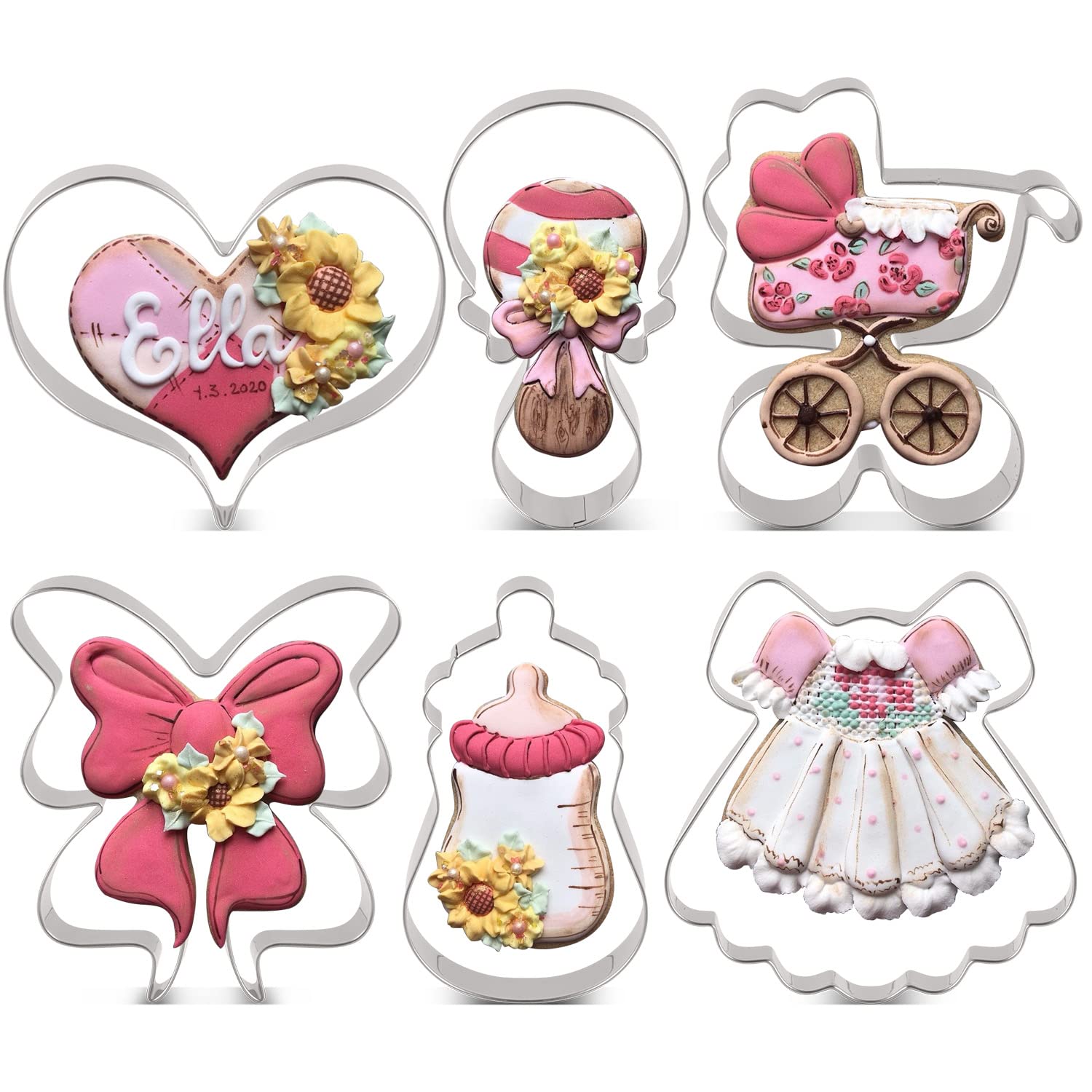 LILIAO Baby Shower Cookie Cutter Set - 6 Piece - Feeding Bottle, Rattle, Heart, Carriage, Princess Dress and Bow/Ribbon Biscuit Fondant Cutters - Stainless Steel