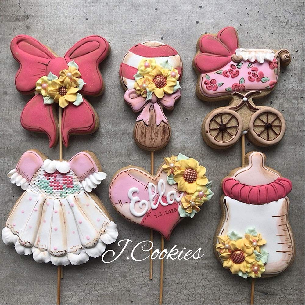 LILIAO Baby Shower Cookie Cutter Set - 6 Piece - Feeding Bottle, Rattle, Heart, Carriage, Princess Dress and Bow/Ribbon Biscuit Fondant Cutters - Stainless Steel