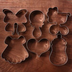 LILIAO Baby Shower Cookie Cutter Set - 6 Piece - Feeding Bottle, Rattle, Heart, Carriage, Princess Dress and Bow/Ribbon Biscuit Fondant Cutters - Stainless Steel