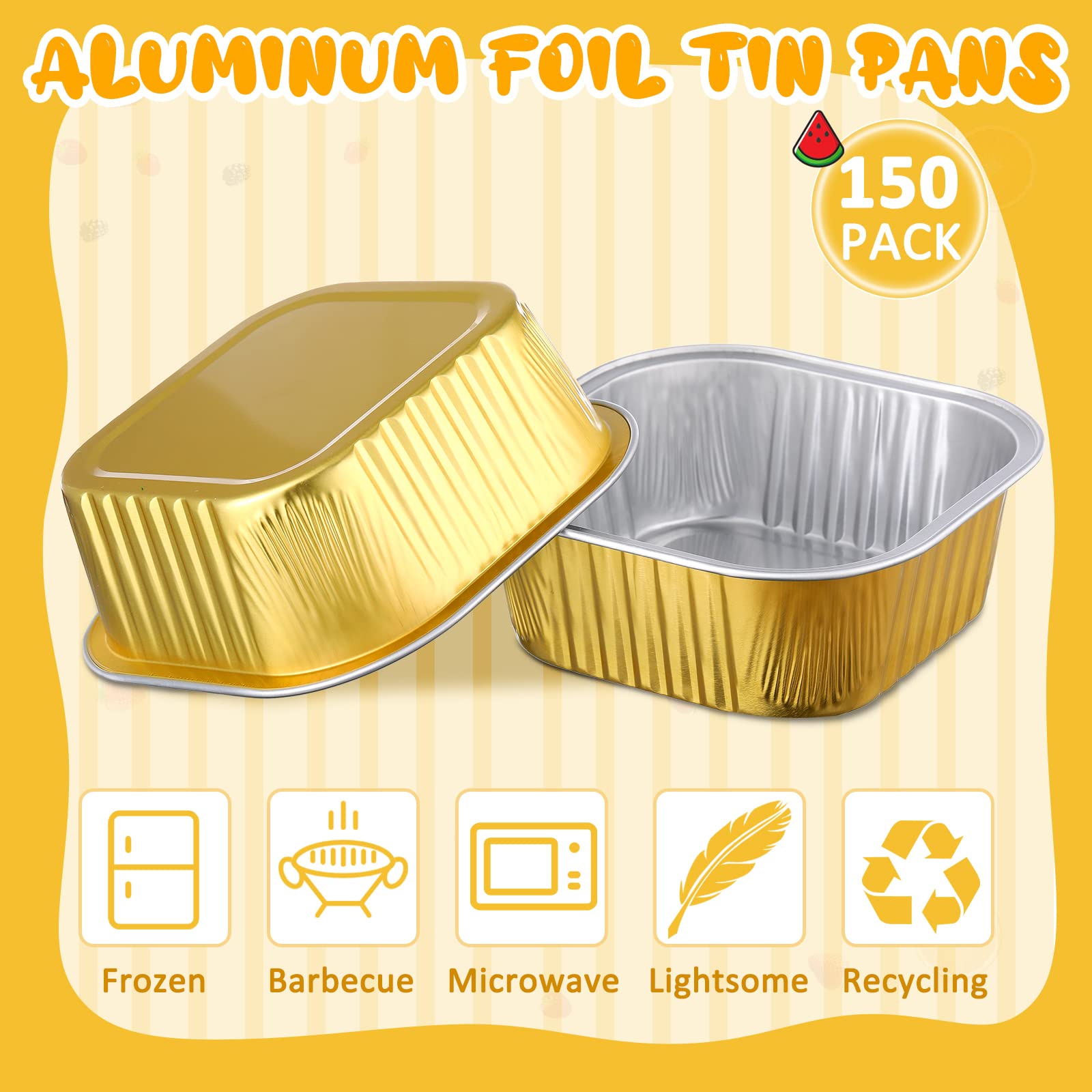 150 Pieces 10 oz Disposable Baking Cake Pan with Lids Valentine's Aluminum Foil Baking Cups Cupcake Cup for Pudding Desserts Baking Freezer-Safe Valentine's Wedding Party(Gold)