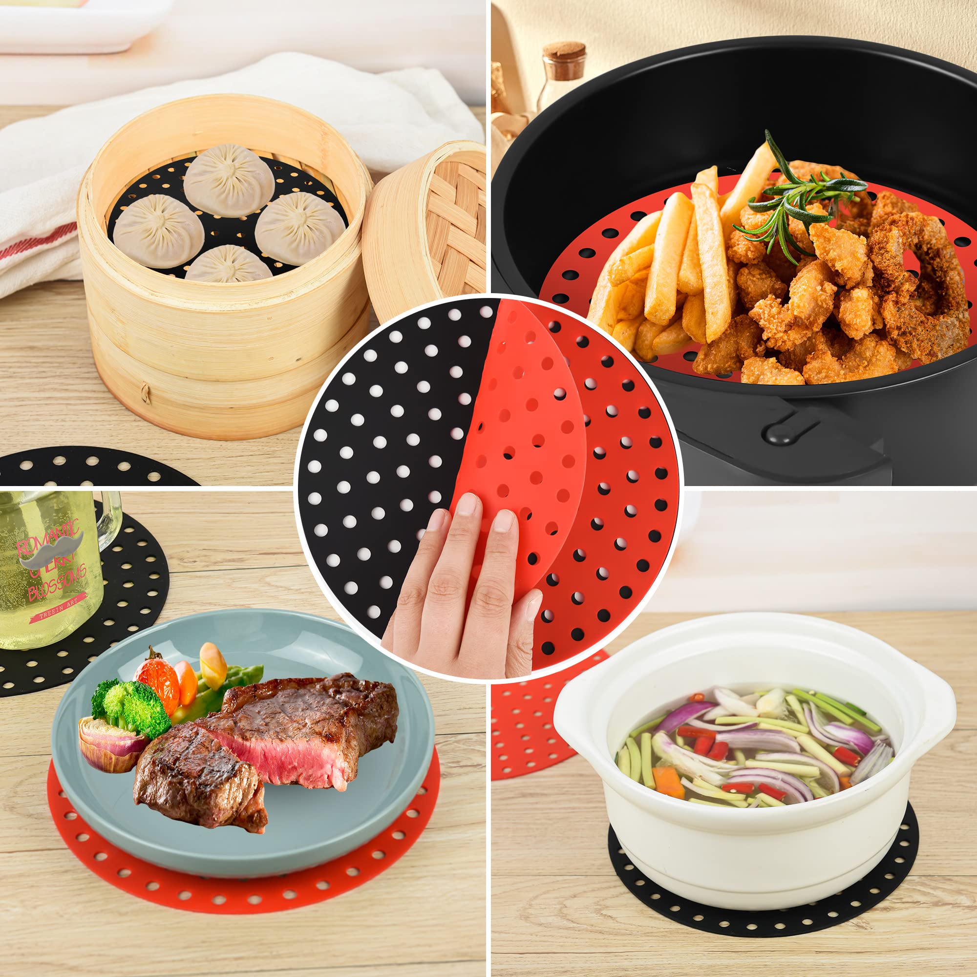 Viwehots Silicone Air Fryer Liners, Reusable Air Fryer Silicone Liners 4 Pack, Easy Clean Air Fryer Accessories, Non Stick Dia 8" Airfryer Accessory Parchment Replacement Basket Liners Mixing Color