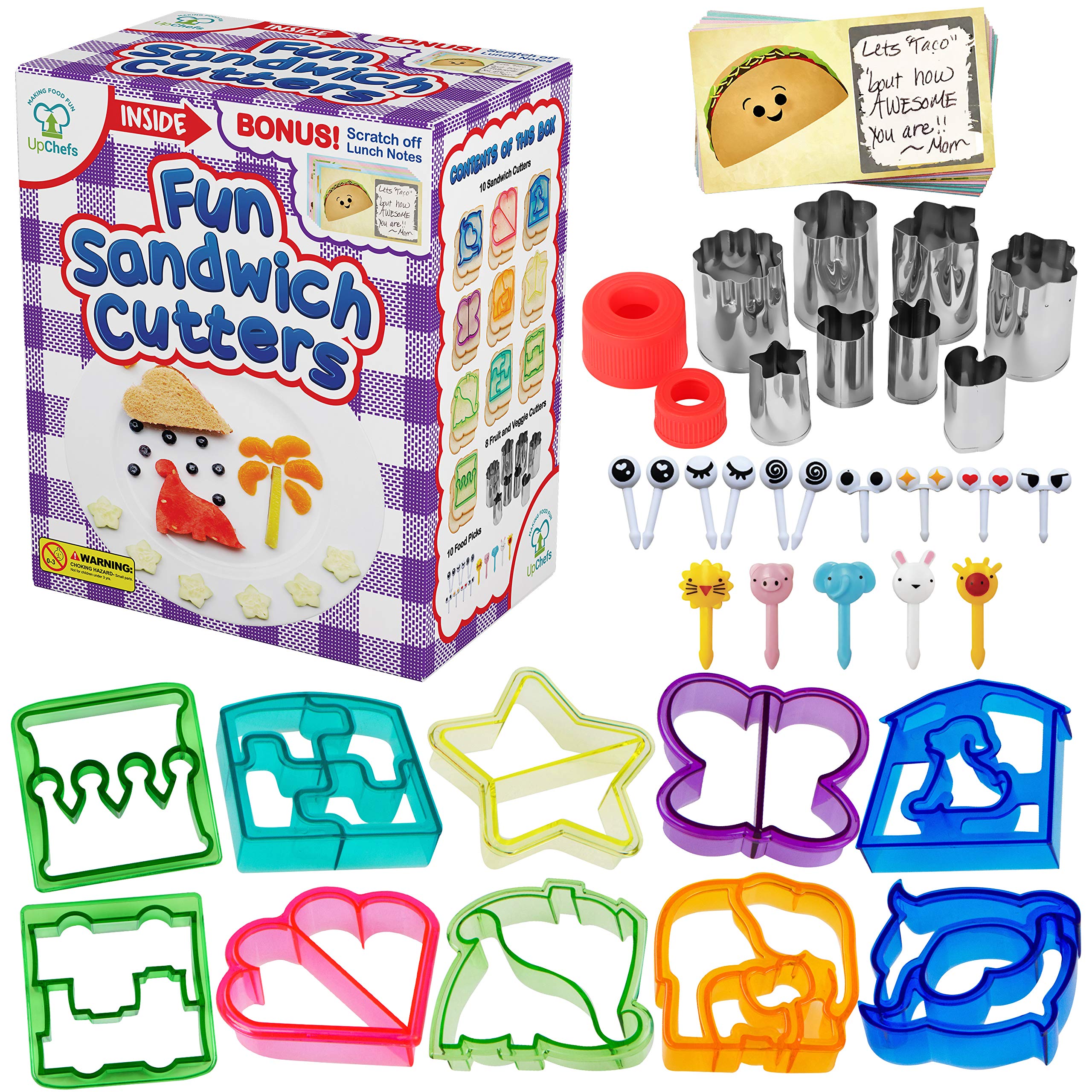 UpChefs Sandwich Cutters for kids - Create Healthy School Lunches in Minutes with These Fun Bento Lunch Box Accessories – Includes Fruit and Vegetable cookie cutters – Food Picks Plus Scratch Notes