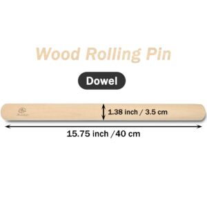 Bakehope Rolling Pin for Baking Pasta Pizza Bread, Natural Beech Wood Dough Roller(15.75 Inches, dowel)