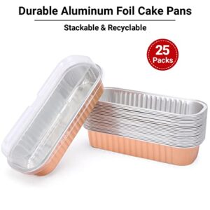 Suice Disposable Mini Cake Pans with Lids 6.5"x2.5"x1.2", 25pcs Aluminum Baking Cups Small Cupcake Pans 6.8Oz, Individual Dessert Pans Rose Gold Disposable Ramekins for Cheesecake, Creme Brule,Cupcake
