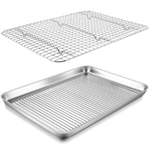 17.5 inch half baking cookie sheet with rack, p&p chef stainless steel baking pan oven tray and cooling rack for cooking, corrugated bottom & grid rack, healthy & durable, 2pcs (1 pan +1 rack)